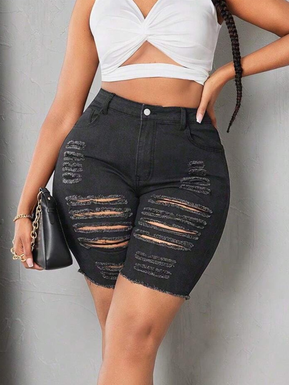🖤🦋SHEIN Zipper Fly Ripped Raw Hem Bermuda Denim Shorts